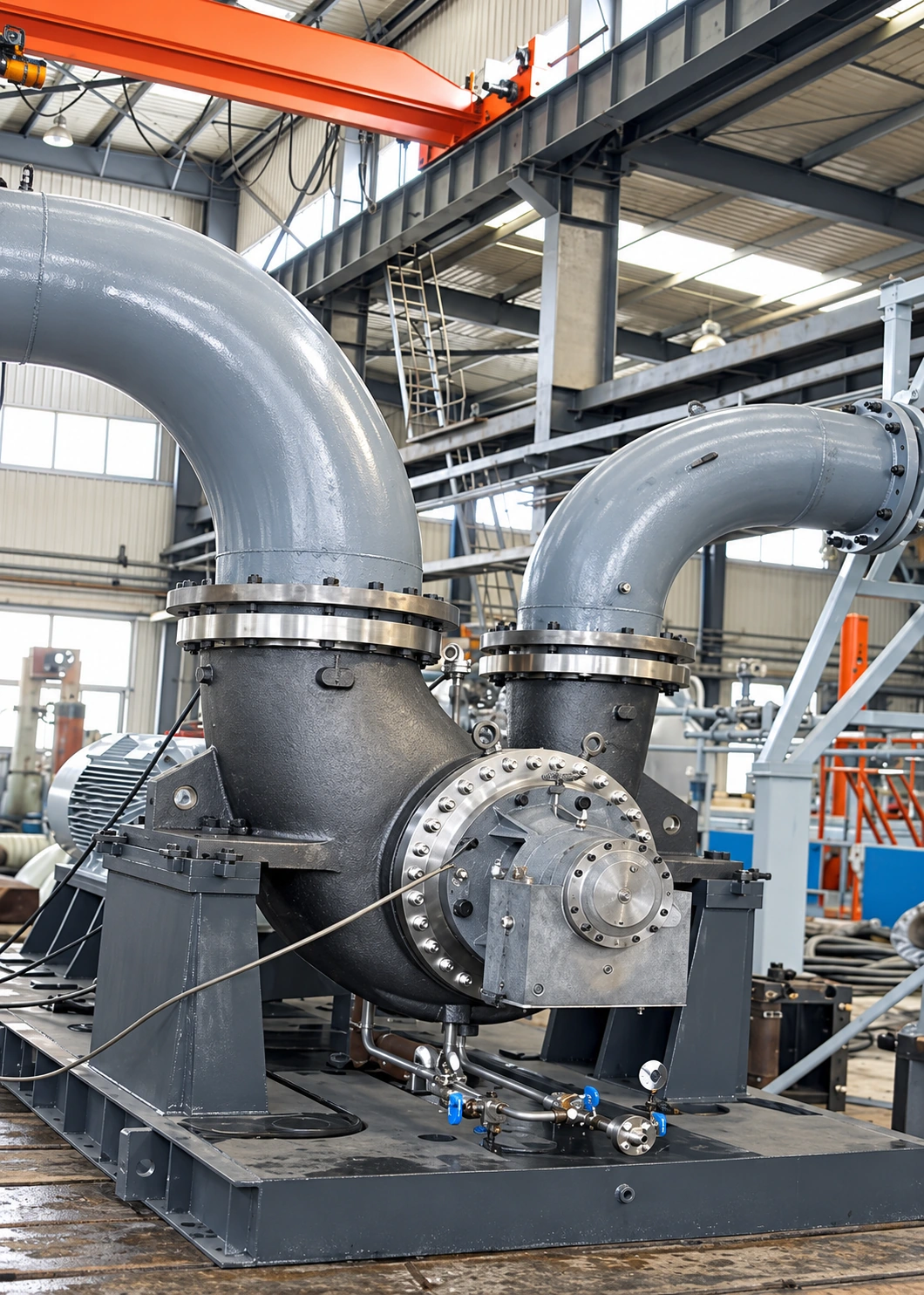 Pumpengehäuse mit zwei gebogenen Rohranschlüssen in der Werkstatt.