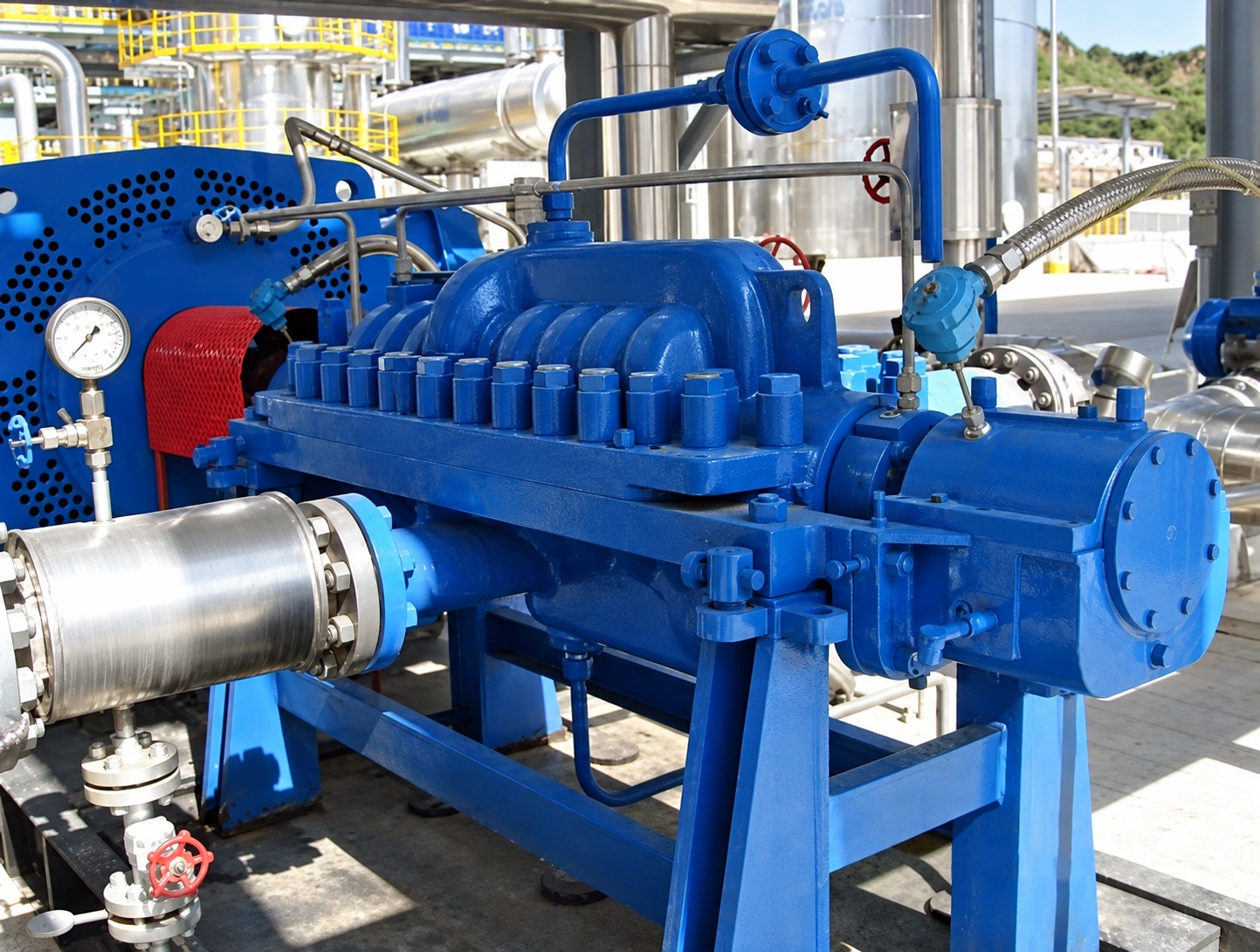 Blaue horizontale Pumpe mit geteiltem Gehäuse und angeschlossenen Rohrleitungen.