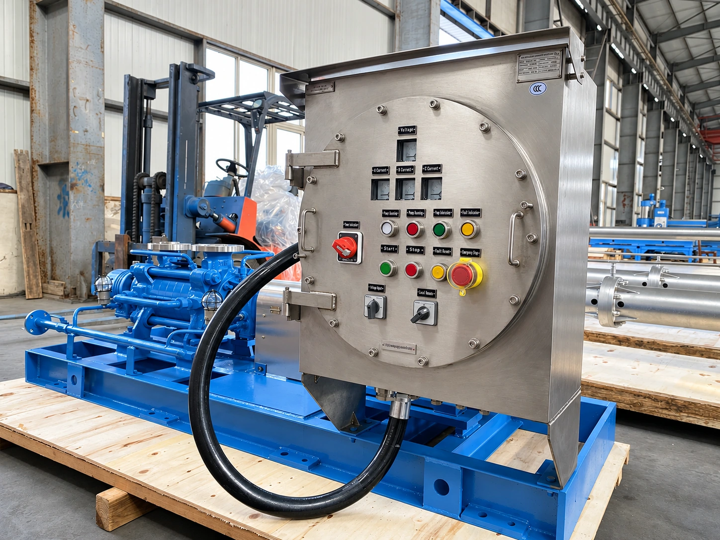Blaues Pumpenaggregat mit Schaltschrank und Anschlusskabel.