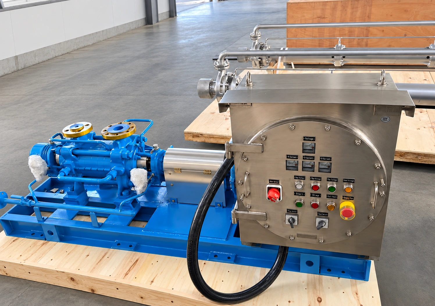 Blaues Pumpenaggregat und Schaltschrank auf einer Holzpalette.