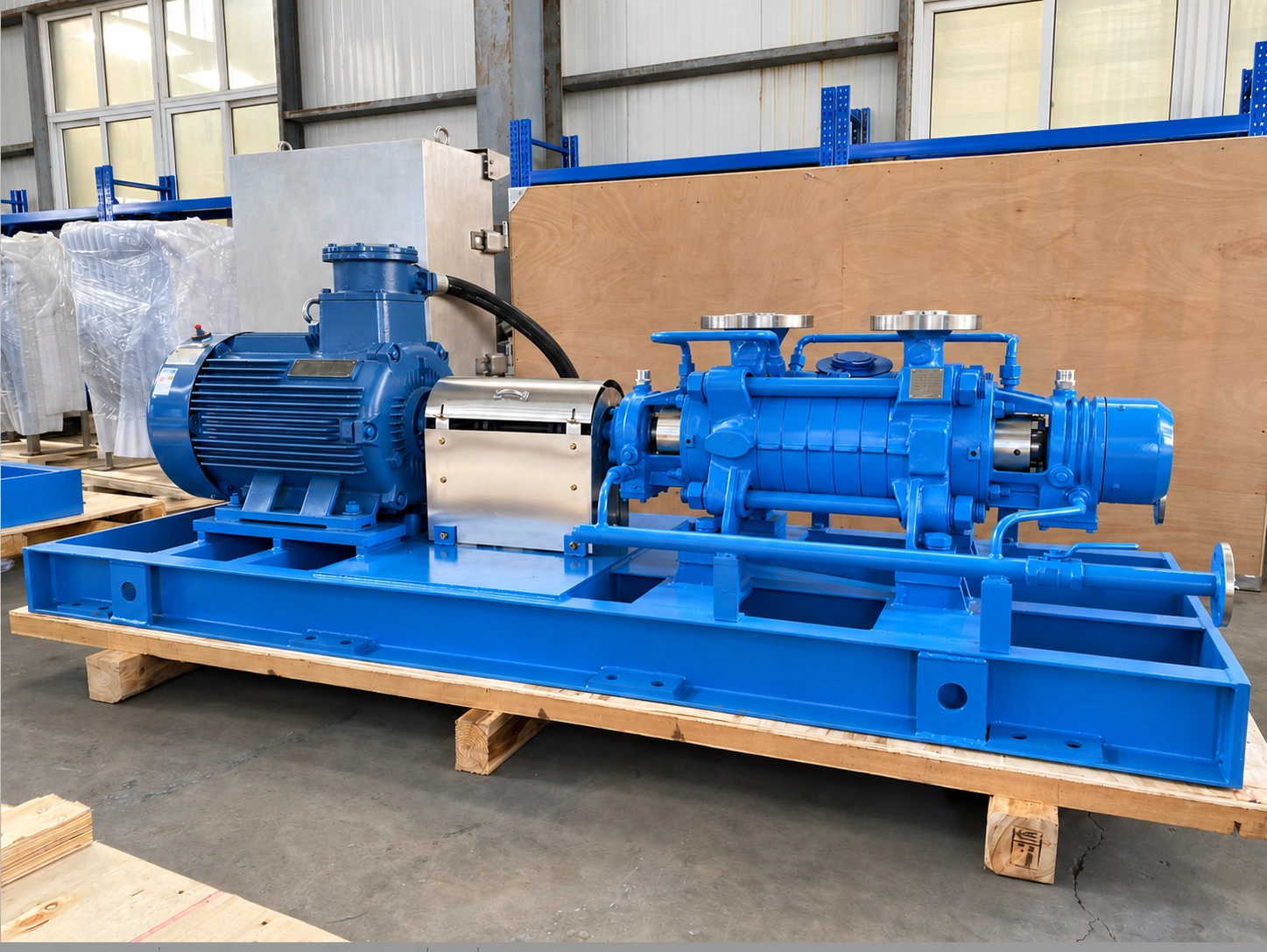 Blaue Gliederpumpe und Motor auf gemeinsamer Grundplatte.