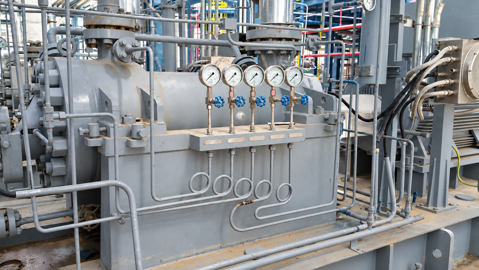 Pumpenaggregat mit fünf Manometern, Hilfsrohrleitungen und Elektromotor.