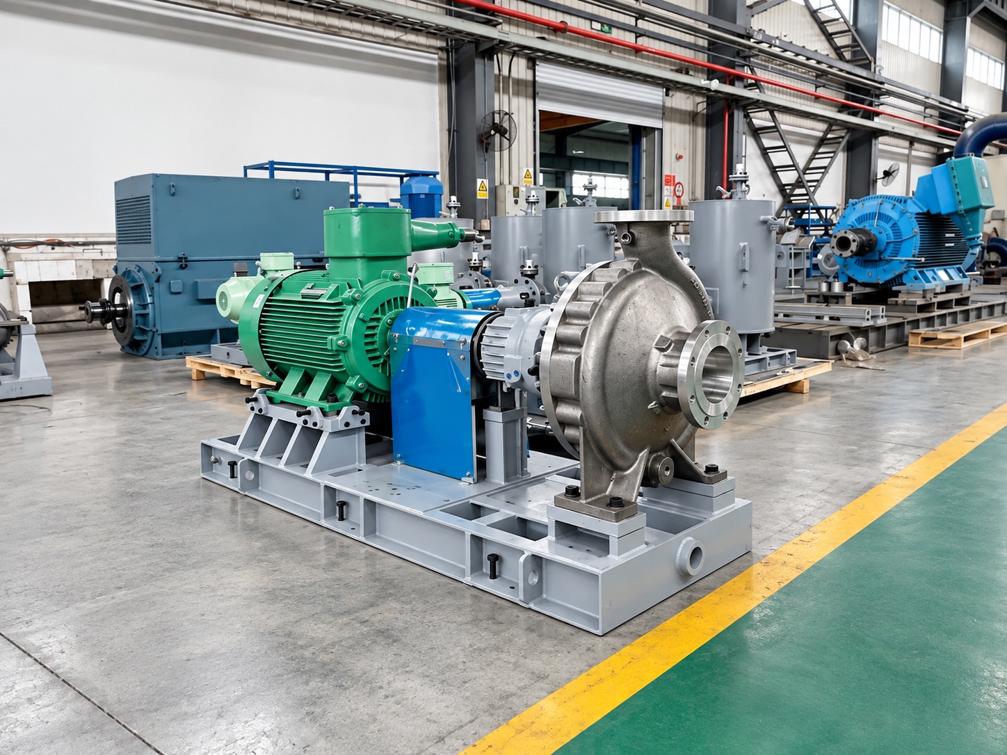 Horizontales Pumpenaggregat mit grünem Motor und blauem Kupplungsschutz.