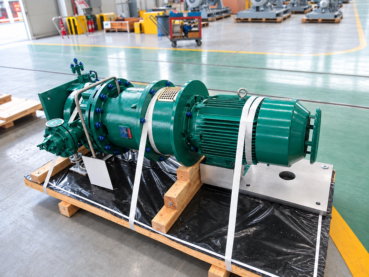 Grünes Pumpenaggregat mit Motor, auf hölzernen Transportunterlagen befestigt.