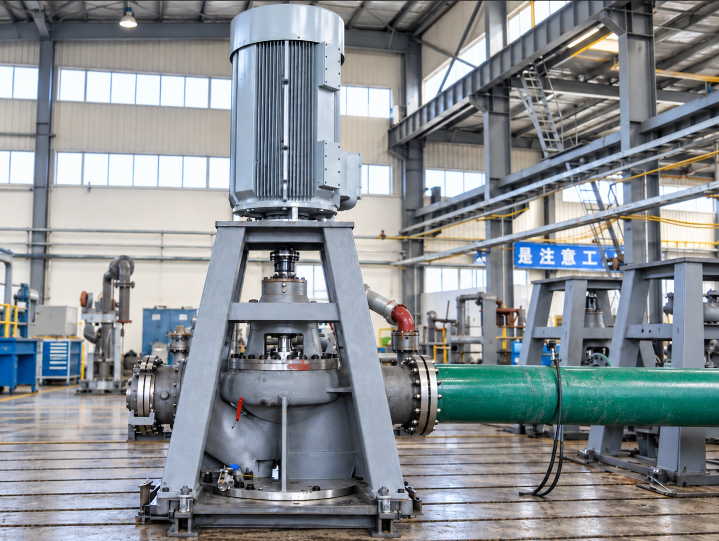 Vertikale Inline-Pumpe mit oben montiertem Motor in der Werkstatt.