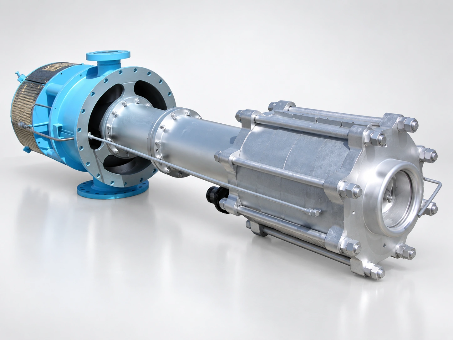 Pumpenaggregat mit blauem Flanschanschluss und silbernem Diffusorabschnitt.