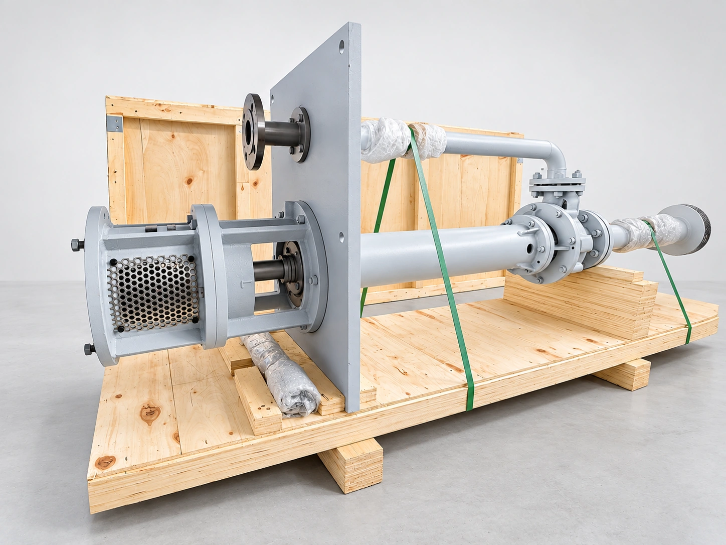 Pumpe mit langem Tragrohr und separater Druckleitung auf hölzernen Transportunterlagen.