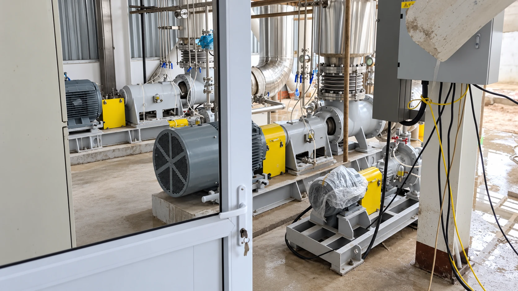 Chemische Axialpumpeninstallationen mit Elektromotoren und gelben Kupplungsschutzhauben.