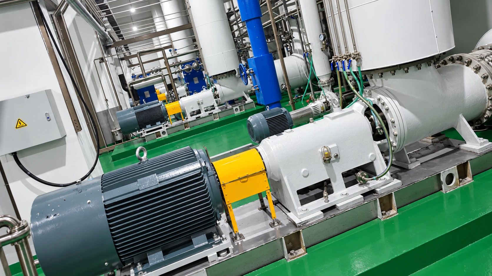 Chemische Axialpumpen neben Prozessrohrleitungen auf grünem Boden.