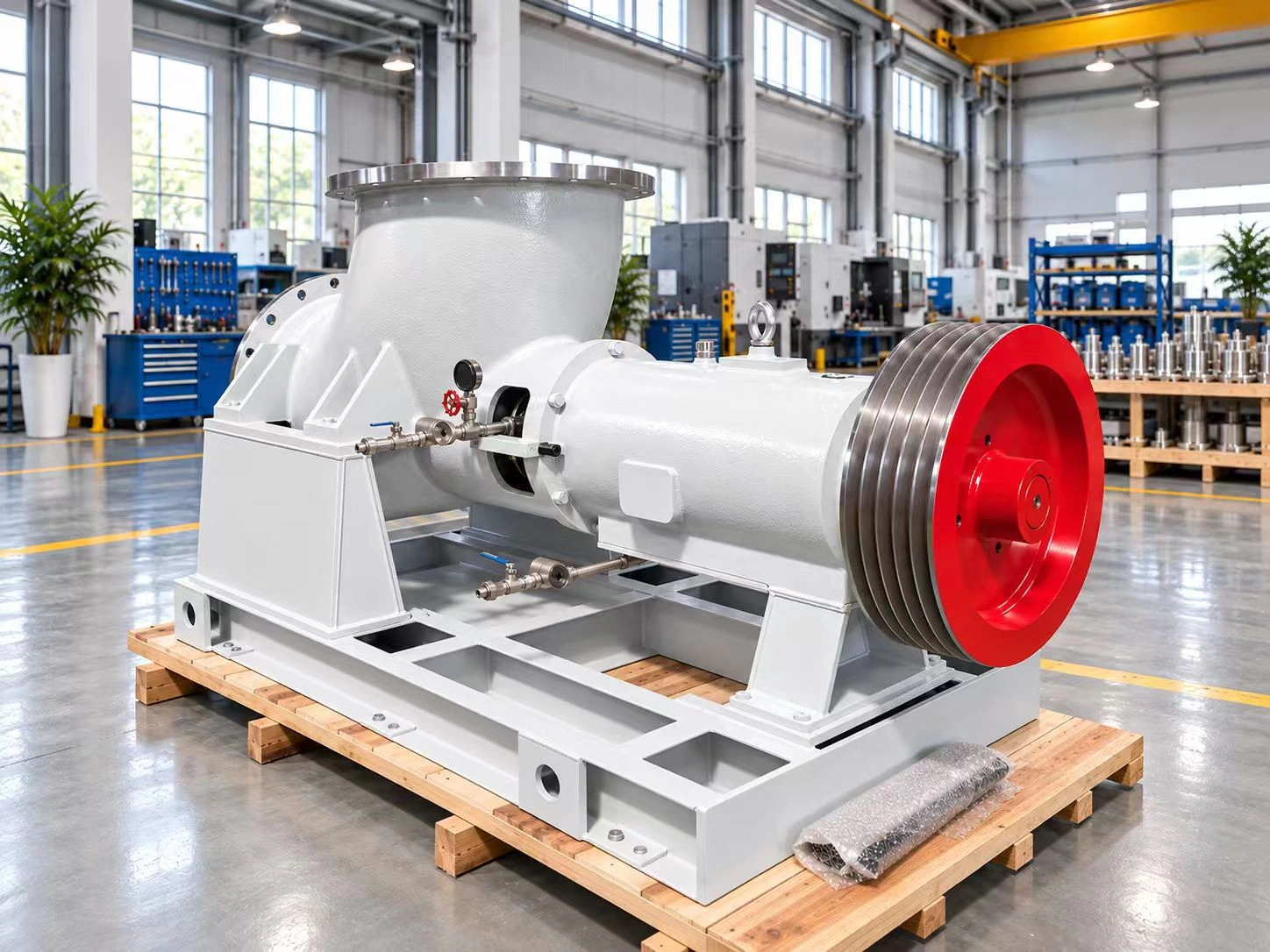 Weiße chemische Axialpumpe auf einer Grundplatte mit roter Rillenriemenscheibe in der Werkstatt.